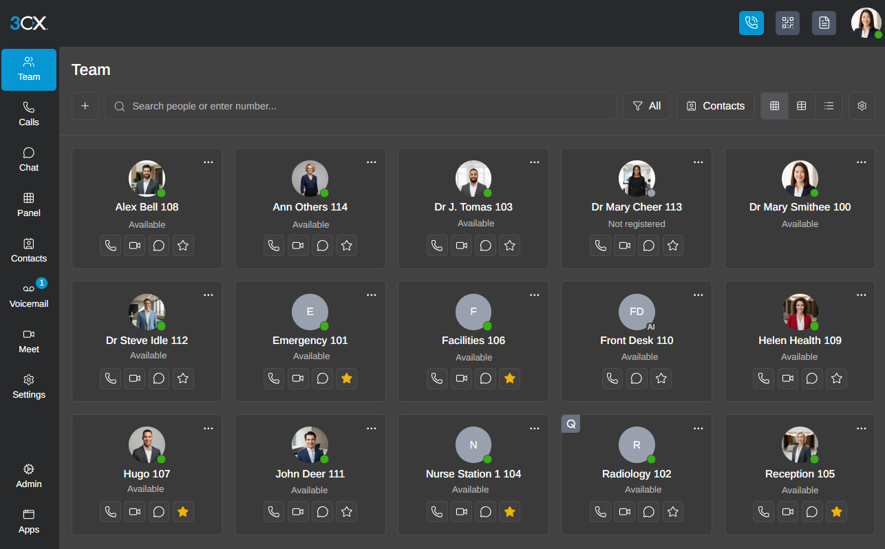Official 3CX Web Client interface showing the team directory and user presence