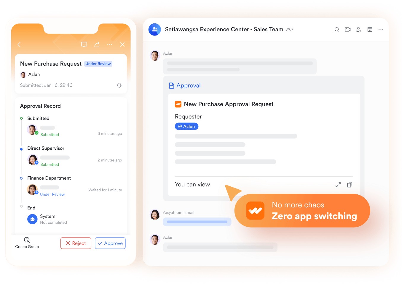 Official Lark interface showing a purchase request, approval record and related conversation