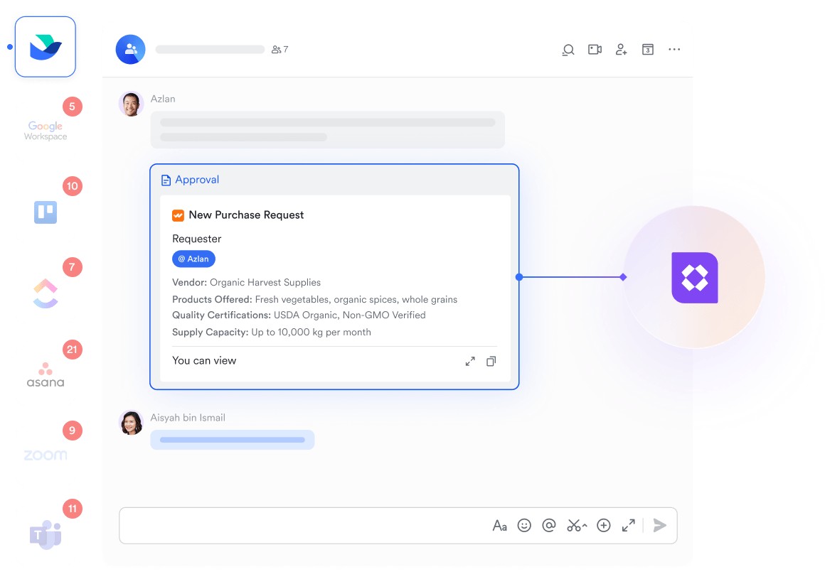 Official Lark interface showing an approval request inside a Messenger conversation