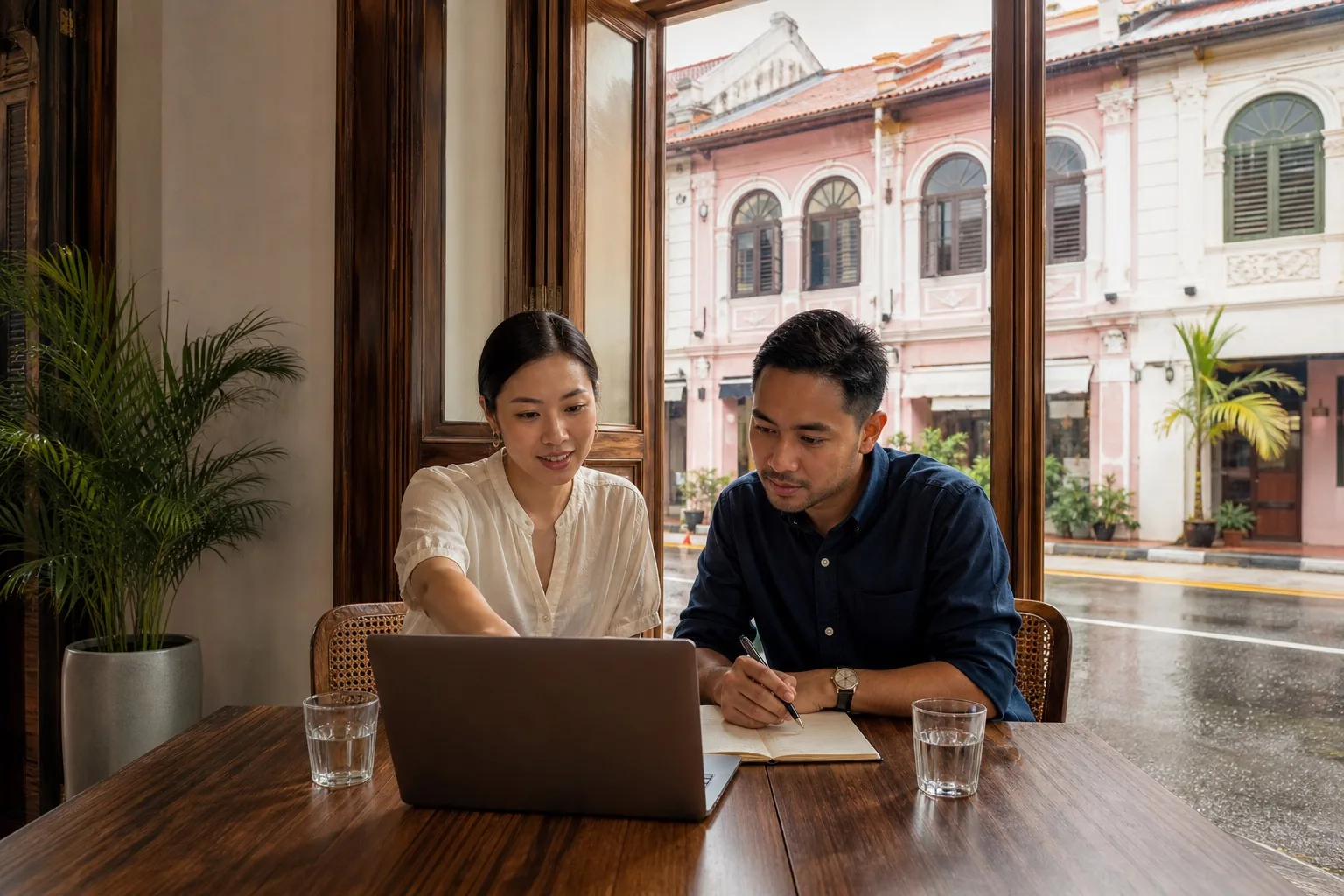 Colleagues reviewing an Odoo workflow on a laptop