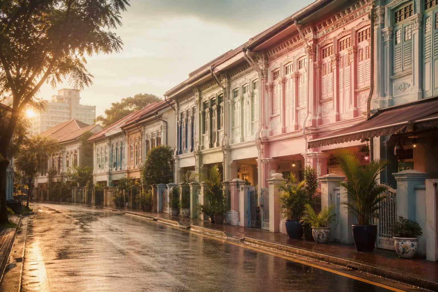Singapore shophouse street after rain