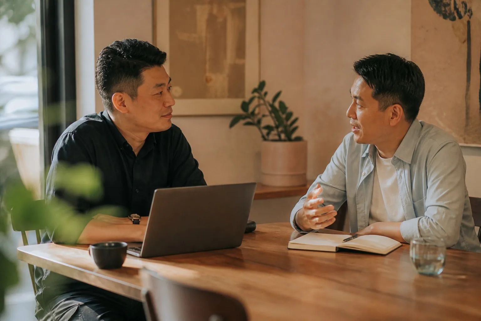 Two colleagues talking through a project at a table